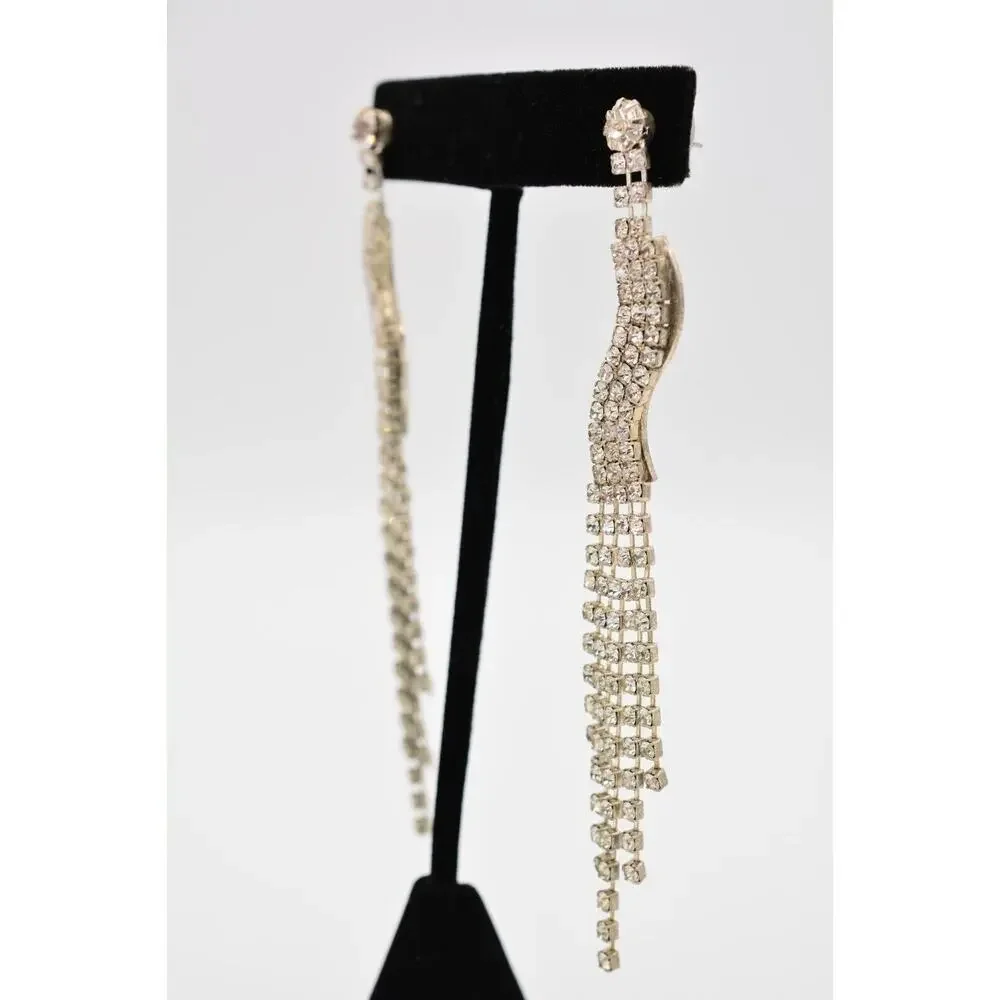 Vintage Dangle Earrings Rhinestone Crystal Fringe Chain Prong Silver 1980s 9L